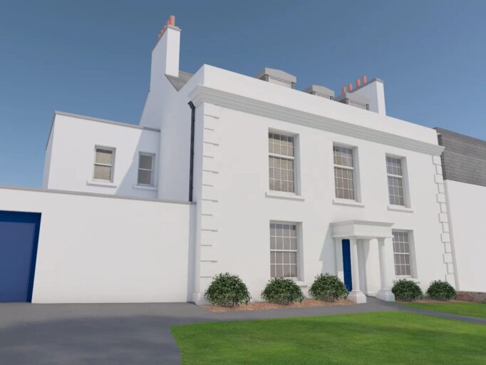 3D visual of exterior frontage of 1800s house in Plymouth.
