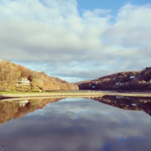 Look Site Visit East Looe River and Millpool. Blue sky reflection in the water